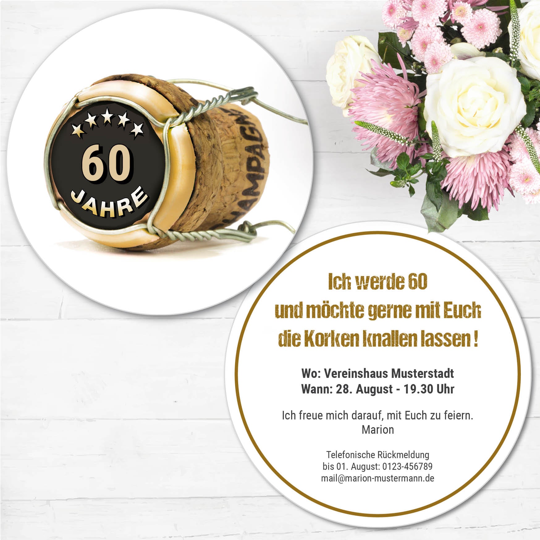 Bierdeckel Einladung zum 60. Geburtstag: Champagner Korken